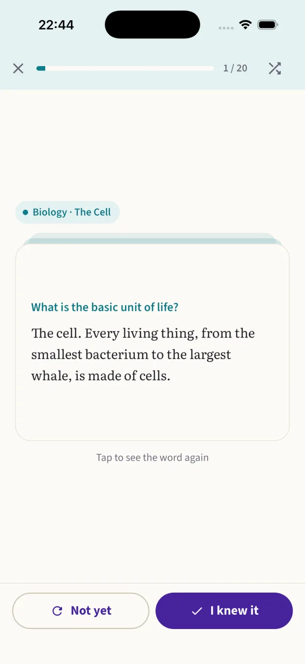 A Biology flashcard: what is the basic unit of life? The cell.