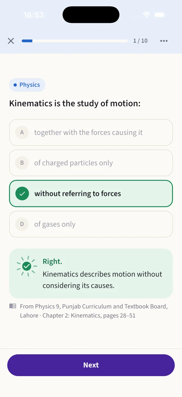 A Physics multiple-choice question answered right, with the explanation and the textbook page